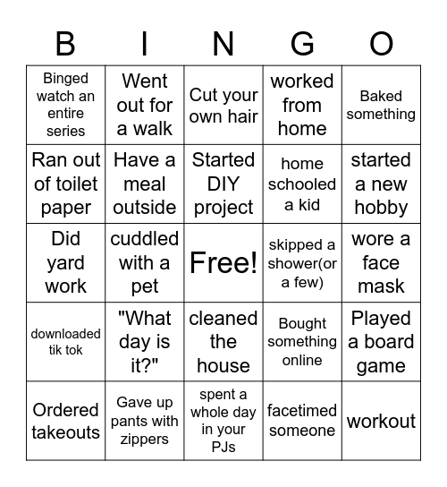 Quarantine Bingo Card