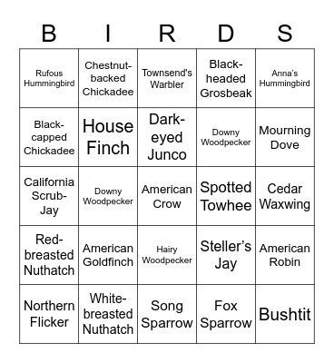 PNW Backyard Bird Watching Bingo Card