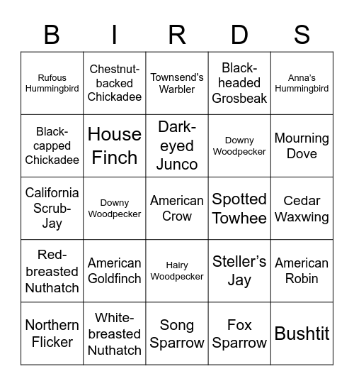 PNW Backyard Bird Watching Bingo Card