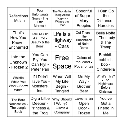 Disney Song Bingo Card
