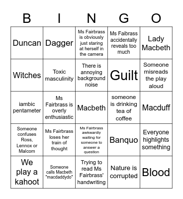 10E English Macbeth Bingo Card