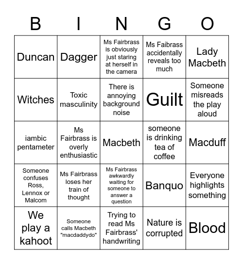 10E English Macbeth Bingo Card