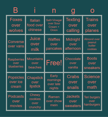 Preferences Bingo Card