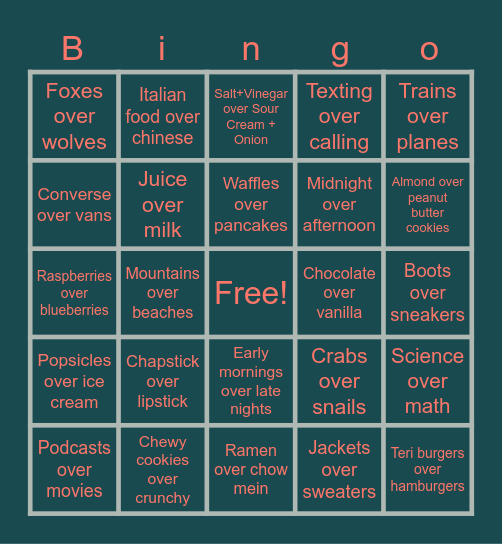 Preferences Bingo Card