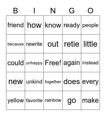 Sight words Bingo Card