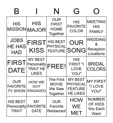 BRIDAL SHOWER Bingo Card