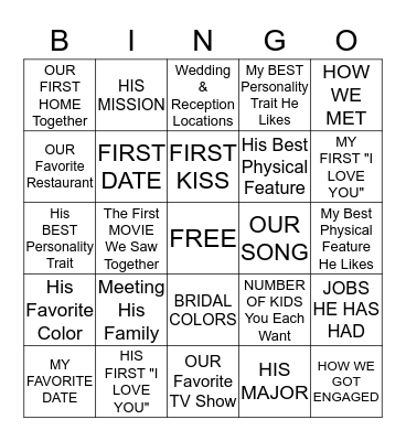 BRIDAL SHOWER Bingo Card