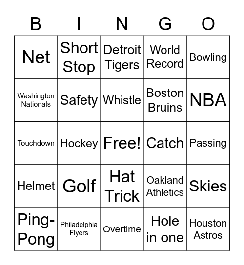 Sports Theme Bingo Card