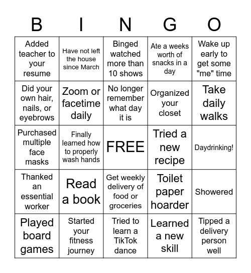 Quarantine Bingo Card