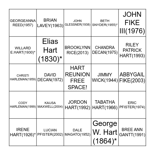 Bingo Hart family,spouses & adopted family(*means deceased)  Bingo Card