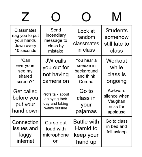 Ivey Covid Zoom-go Bingo Card