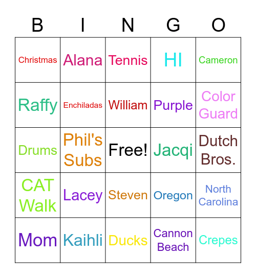 Rutledge Family Bingo Night! Bingo Card