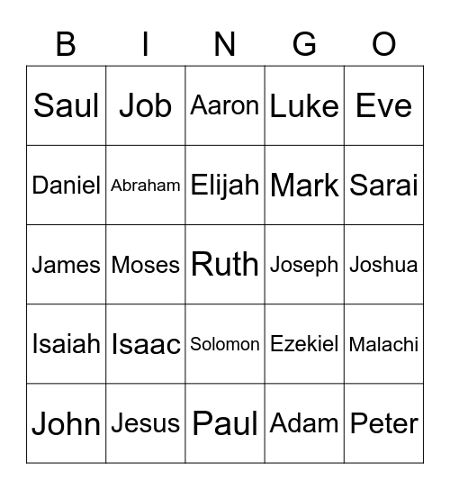 Bible Names Bingo Card