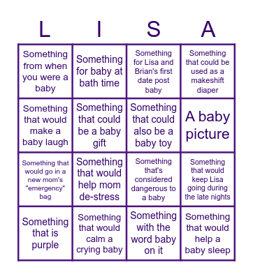 Lisa's Baby Shower Bingo Card