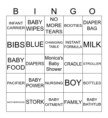 Monica's Baby Shower Bingo Card