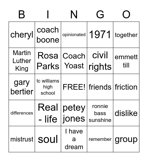 Remember the Titans and Civil Rights Bingo Card