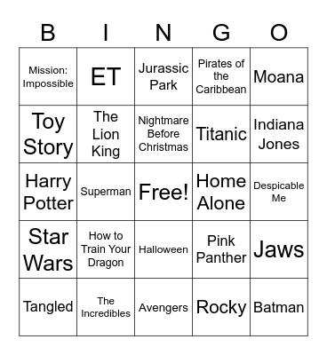Movie Themes Bingo Card