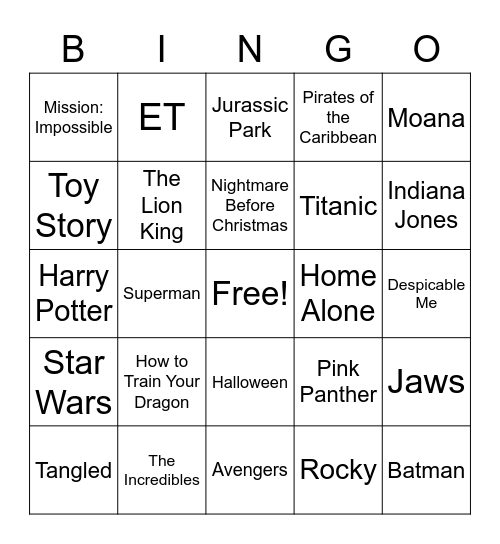 Movie Themes Bingo Card
