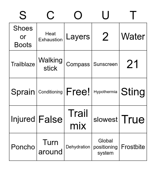 Hiking Bingo Card