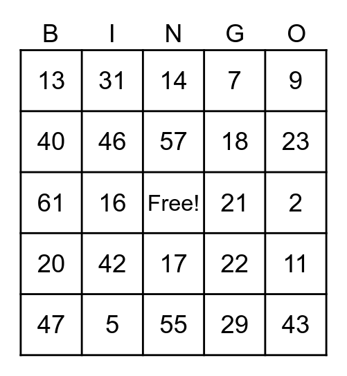 Family Day 2020 Bingo Card