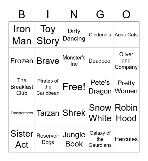Movie Hits Bingo Card