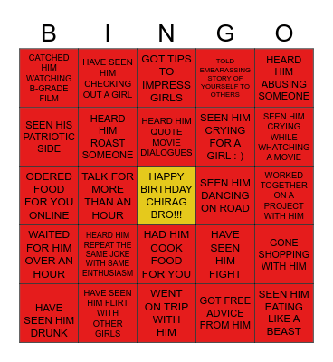 CHIRAG'S BIRTHDAY BINGO Card