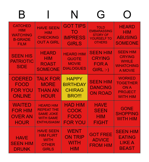 CHIRAG'S BIRTHDAY BINGO Card