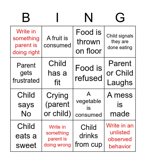 Toddler/Pre-school Age Feeding Bingo Card