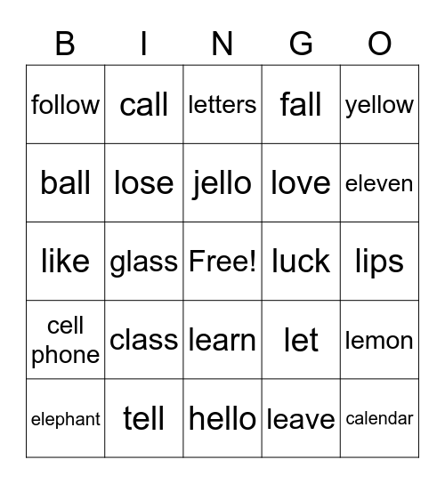 All positions L Bingo Card