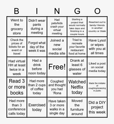 Social Distancing BINGO Card