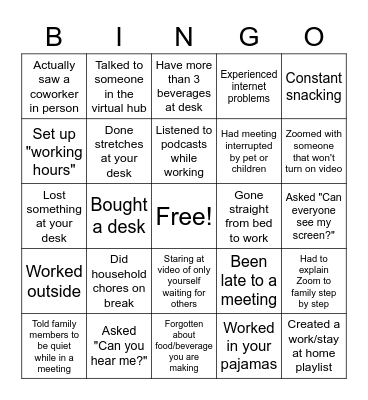 Working from Home Bingo Card