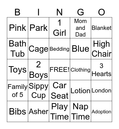 Jeff and Cassandra's Adoption Shower Bingo Card