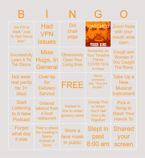Work and Quarantine Life Bingo Card