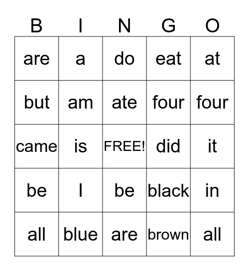 Sight words Bingo Card