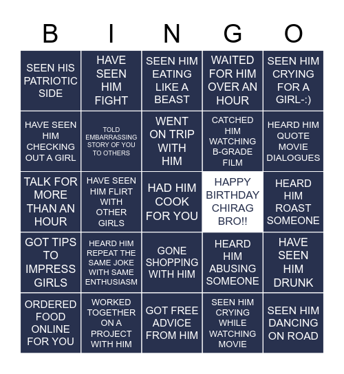 CHIRAG'S BIRTHDAY BINGO Card