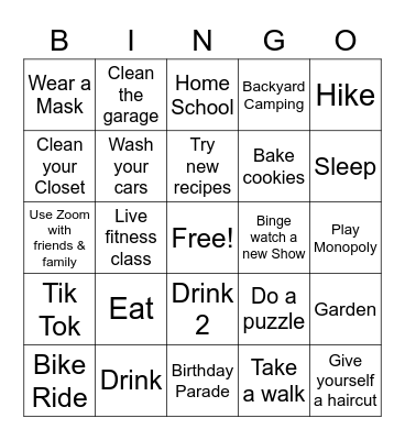 Things to do During Quarantine Bingo Card