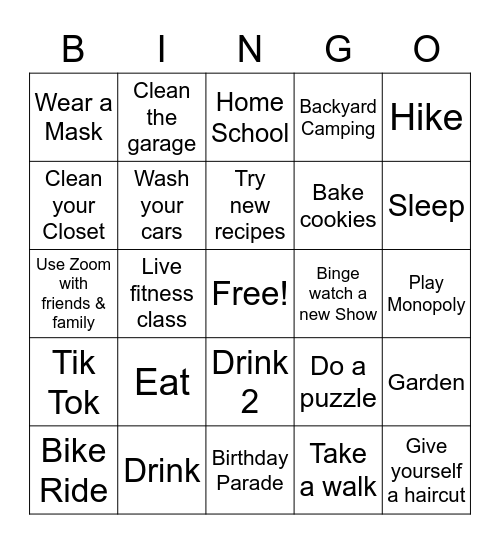 Things to do During Quarantine Bingo Card
