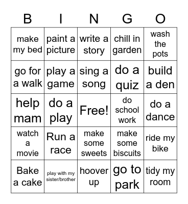 Kids Lockdown Bingo Card