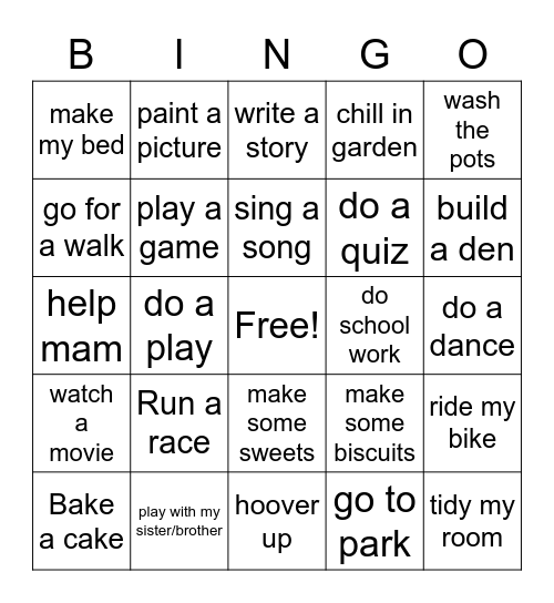 Kids Lockdown Bingo Card