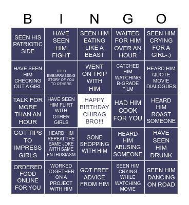 CHIRAG'S BIRTHDAY BINGO Card