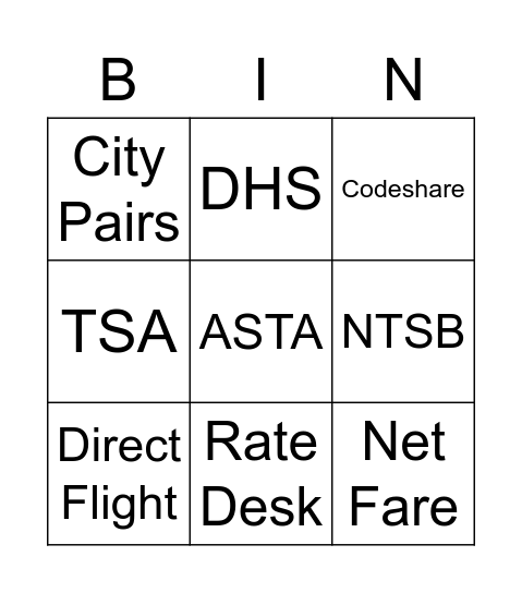 Travel Agent Bingo Card