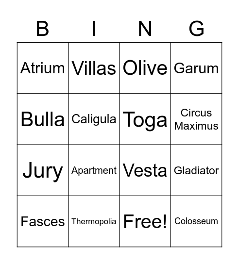 Daily life of the Romans Bingo Card