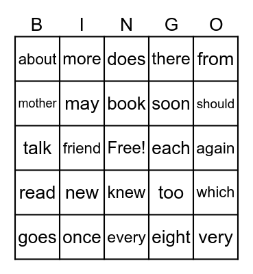 Sight Word Bingo Card