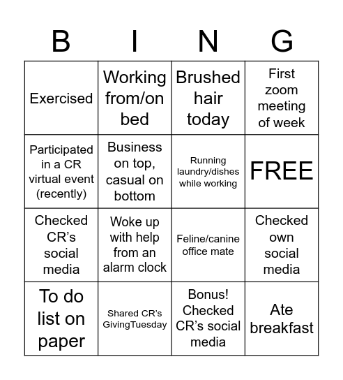 A Day in Virtual WorkLife Bingo Card