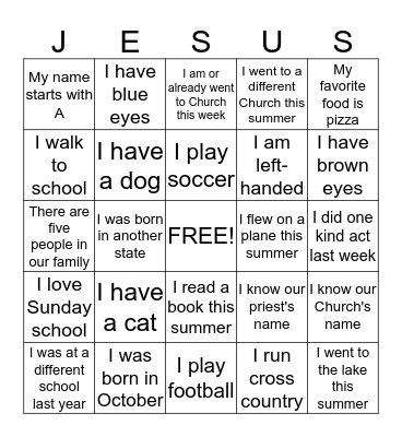 Sunday school 2014-2015 Bingo Card
