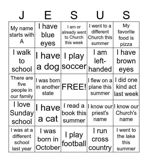 Sunday school 2014-2015 Bingo Card