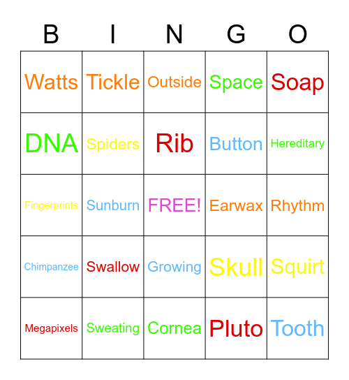 5th Period P.E. Zoom Bingo Card