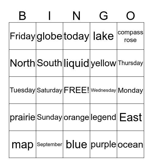 Word Work - Week One Bingo Card