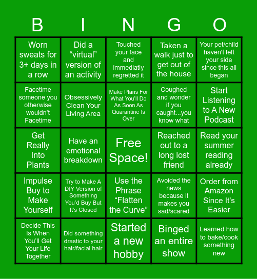 Quarantine Day # Bingo Card