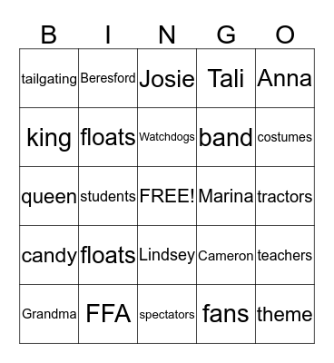 Homecoming Bingo Card